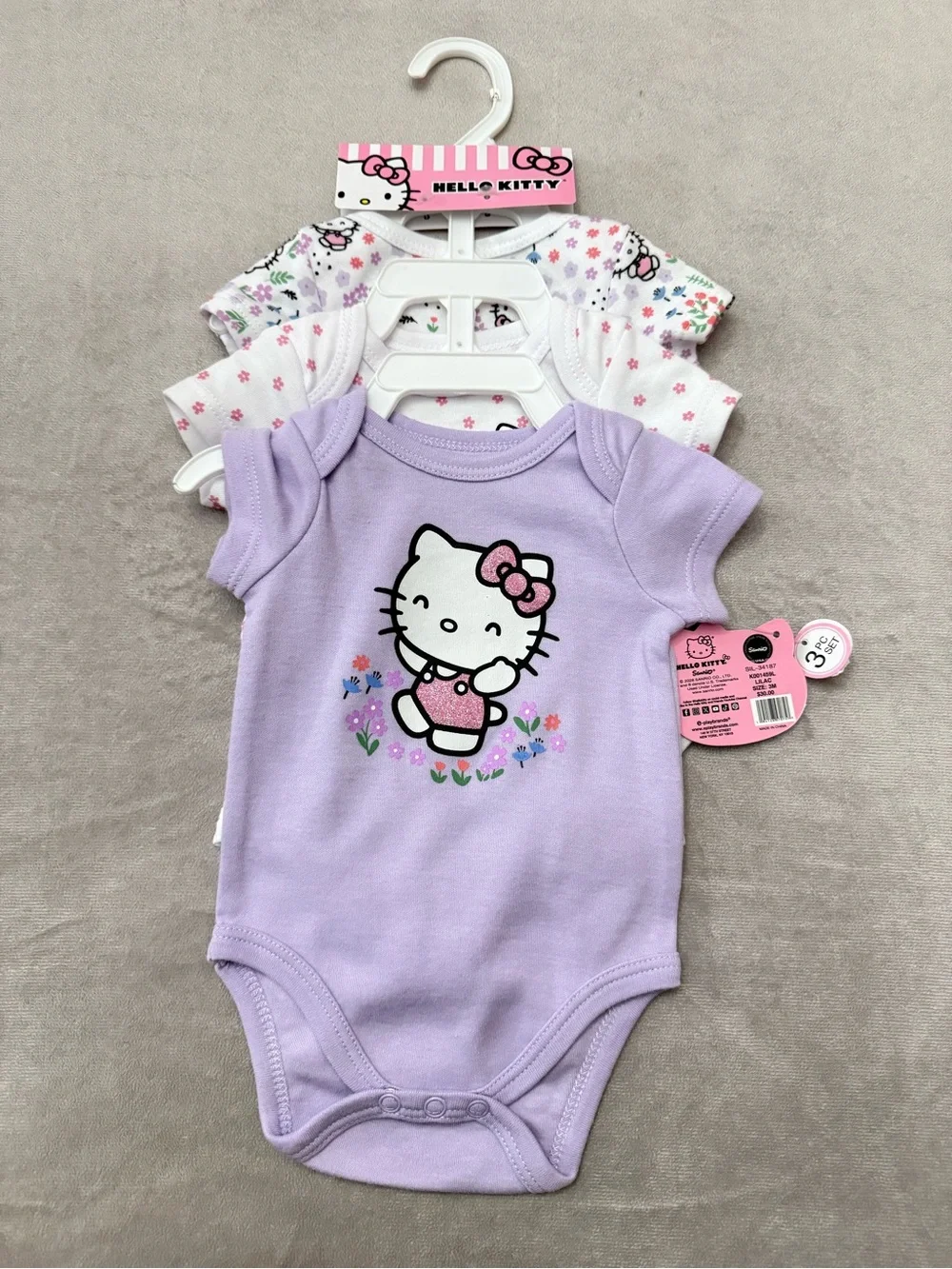 NWT Hello Kitty Sanrio Baby Bodysuits 3 Pack Lilac Purple Floral Set 3M
